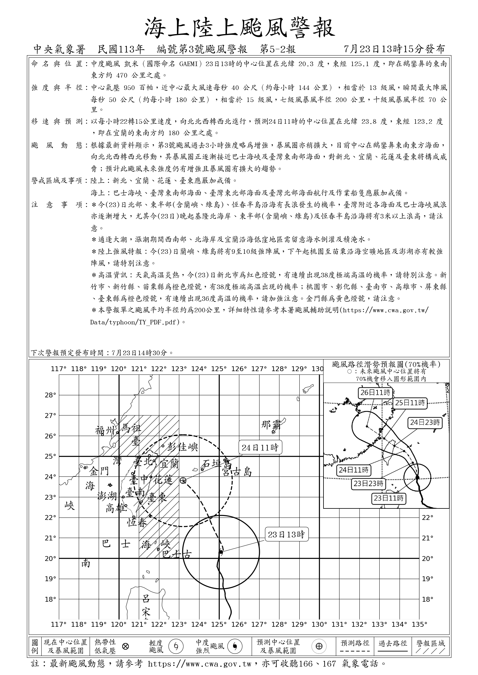 交通部中央氣象署官方網站113年7月23日發布凱米海上陸上颱風警報，請密切注意颱風動向，及早完成防災應變準備。