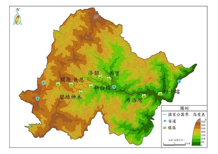 太魯閣國家公園不同海拔莫氏樹蛙族群樣區分布圖