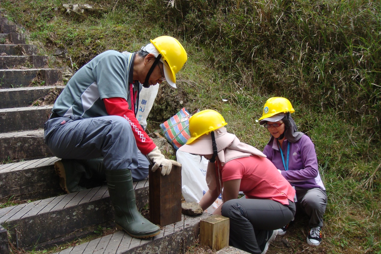 學員團隊合作徒手替換高山步道踏板