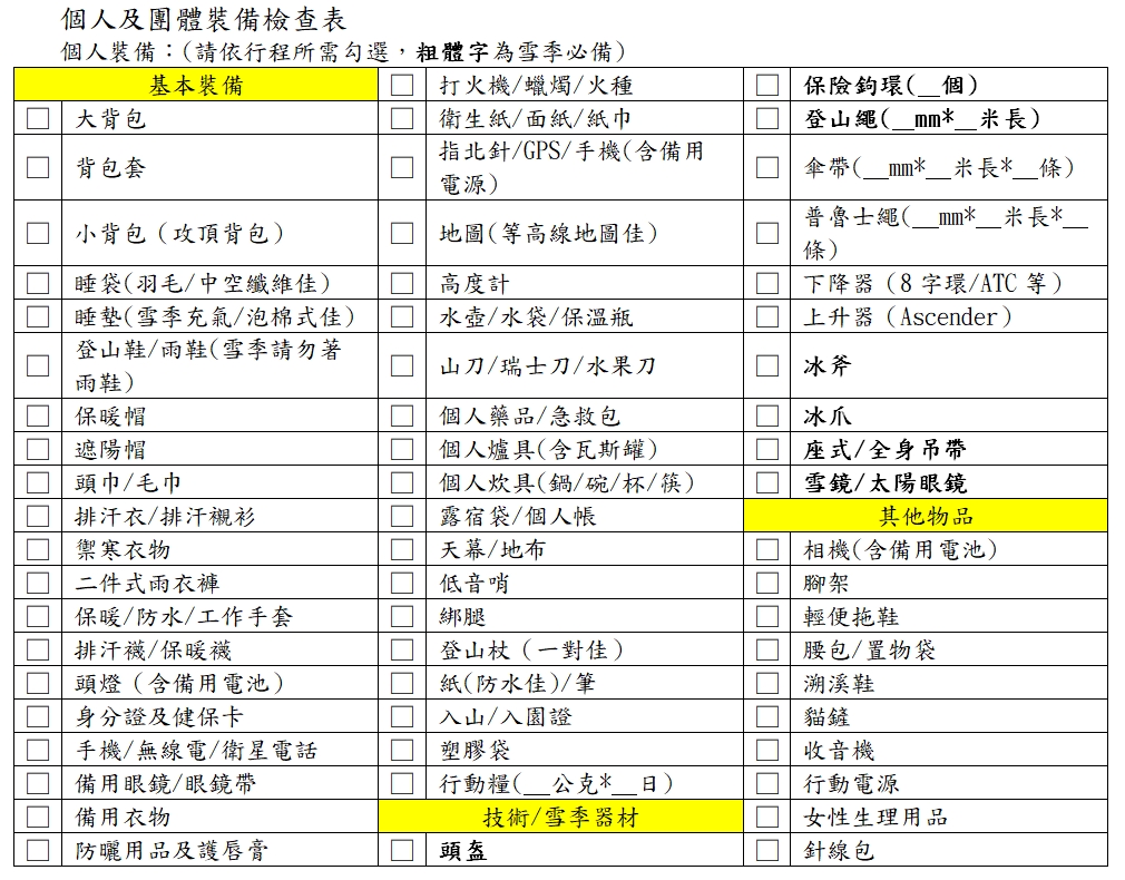 在「臺灣登山申請一站式服務網」申請頁面中，可下載個人及團體裝備檢查表，作為事前準備的重要一環(營建署國家公園組提供)
