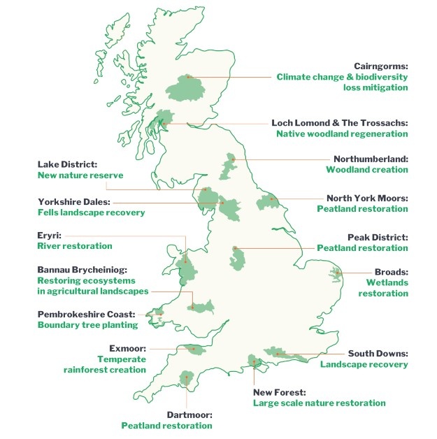 英國國家公園自然伙伴關係專案分布（圖片來源：A Natural Partnership, National Parks UK）